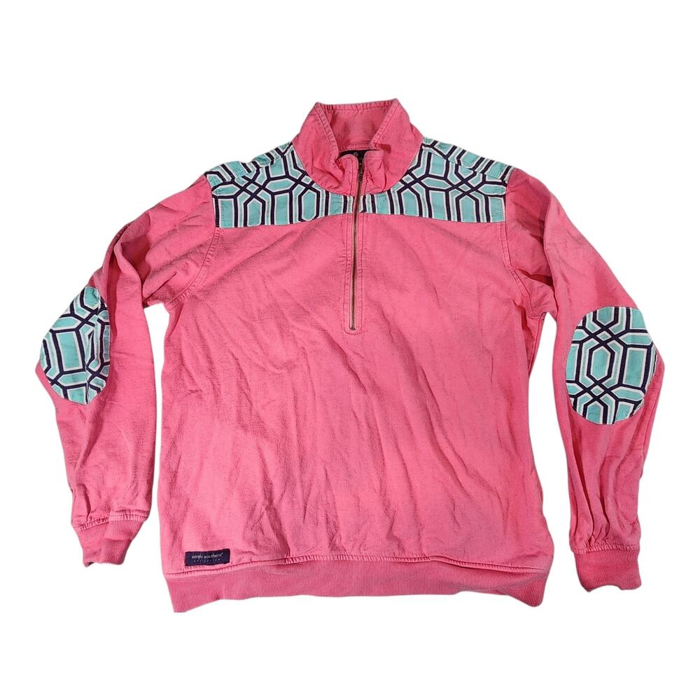 Simply Southern Pink Quarter Zip Pullover Med. Geometric Elbow Patch Sweatshirt
